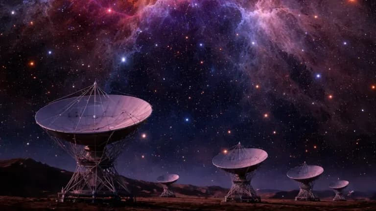 Cartoon digital illustration of a supernova emitting radio waves in space, with VLA antennas observing the expanding shock and surrounding gas.