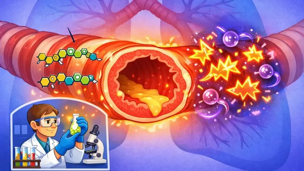 Cartoon digital illustration of an inflamed airway showing traditional leukotrienes and chaotic pseudo-leukotrienes forming through free-radical oxidation, with a small lab scene symbolizing scientific discovery.
