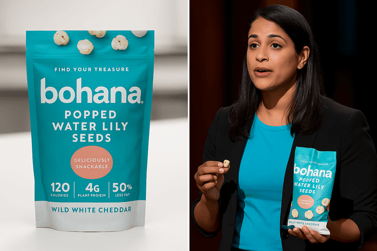 Bohana founders Priyal Bhartia and Nadine Habayeb with Bohana Water Lily Puffs snack bags