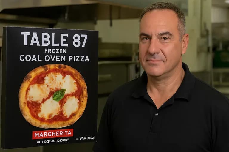 Table 87 founder Thomas Cucco with frozen coal oven pizza product featured on Shark Tank