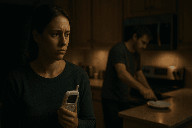 Mother stressed with baby monitor while husband makes noise in kitchen at night.