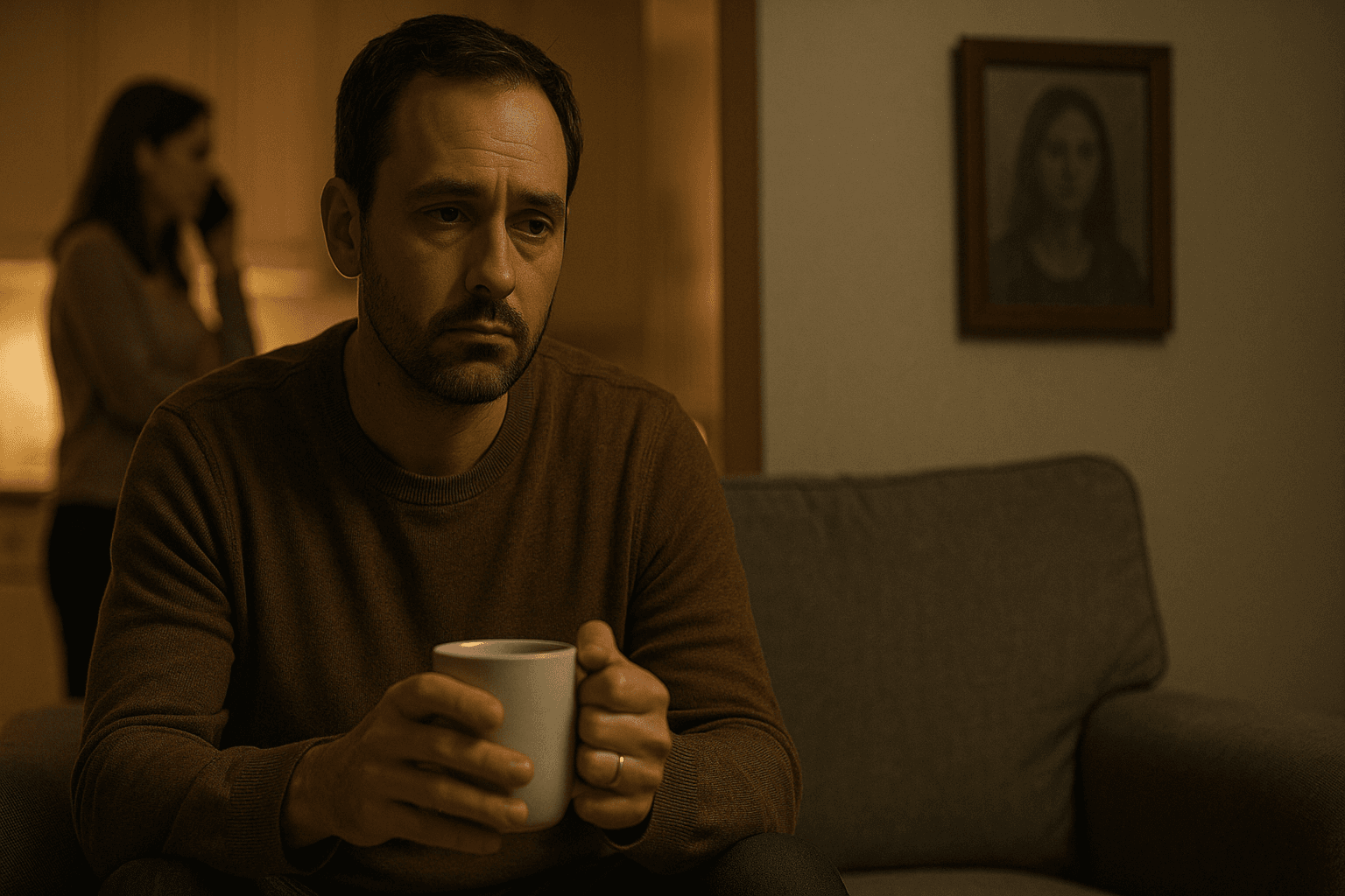 A sad man holding a coffee mug sits on a couch while his wife talks on the phone in the background, symbolizing emotional distance and marriage tension.