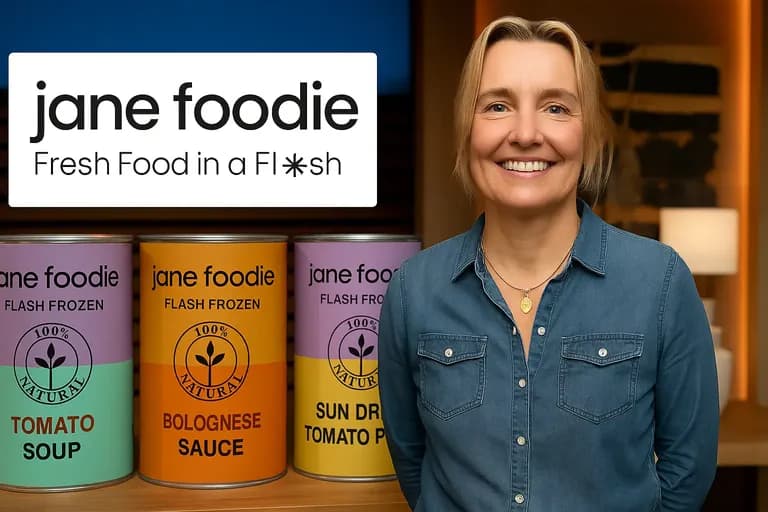Founder of Jane Foodie standing beside flash-frozen product display during Shark Tank 2025 pitch
