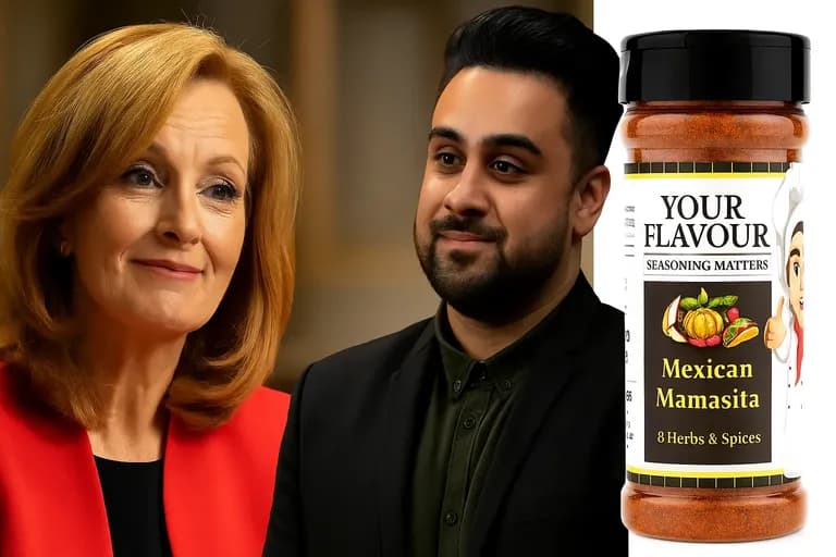 Your Flavour Seasonings founder with product bottle during Shark Tank Australia pitch