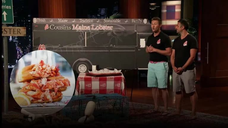 Cousins Maine Lobster founders pitching their food truck business on Shark Tank with lobster rolls display