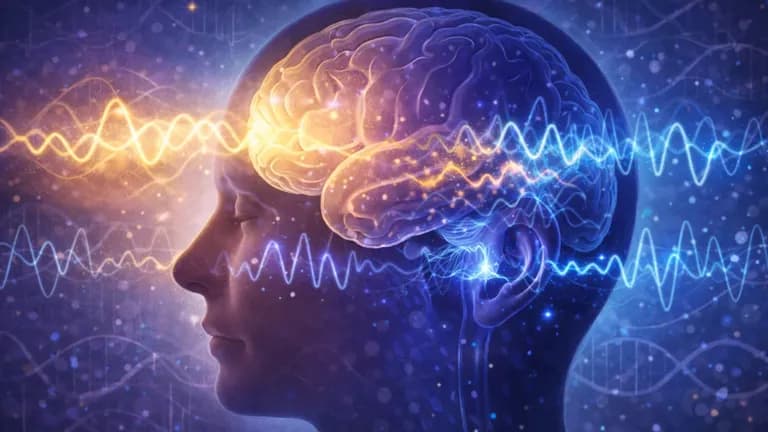 Digital illustration of a human brain with glowing inner-speech waves overlapping incoming sound signals, highlighting a corollary-discharge glitch where thoughts are mistaken for external voices.