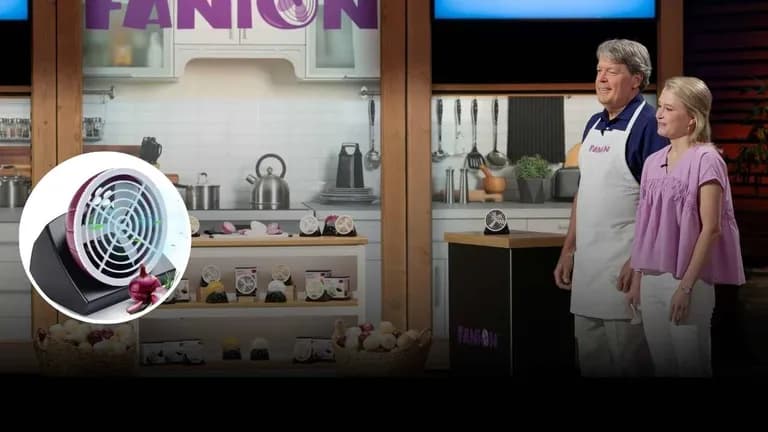 Fanion founders pitch tear-free onion cutting fan on Shark Tank with kitchen display setup