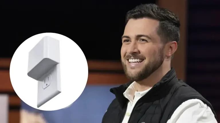 Founder of Permaplug smiling on Shark Tank, next to an image of the Permaplug outlet cover.