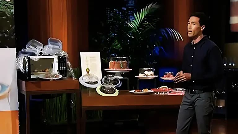 Michael Tseng presenting PlateTopper on Shark Tank, with multiple food storage displays and a microwave setup.
