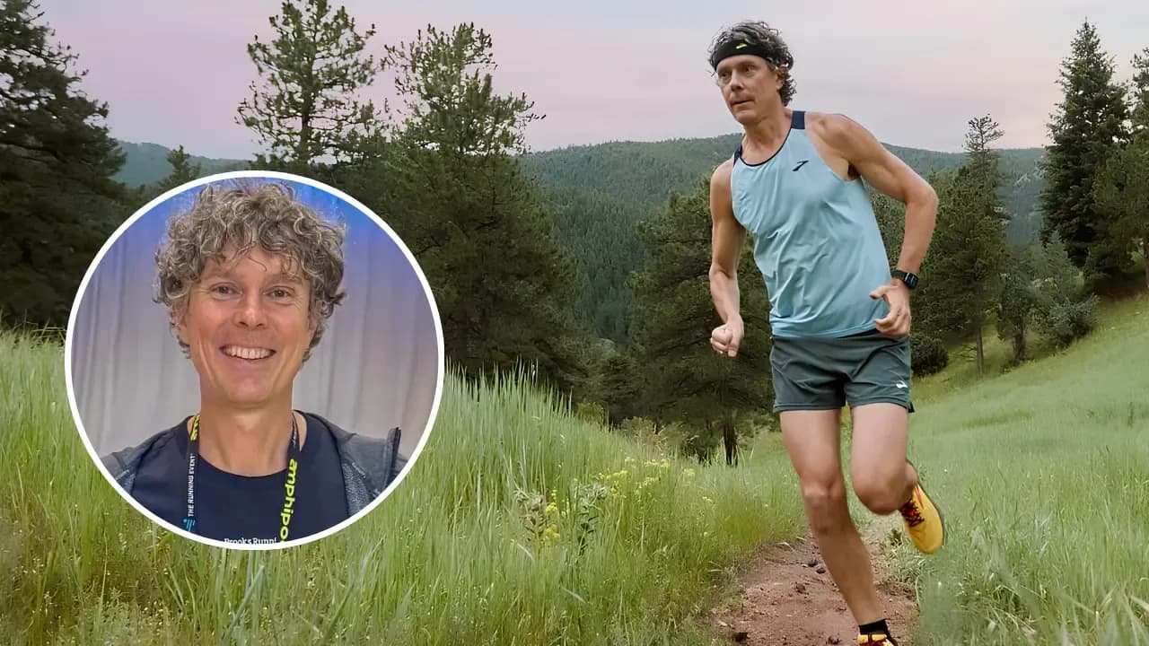Scott Jurek running on a mountain trail with a portrait inset, highlighting his ultrarunning career.