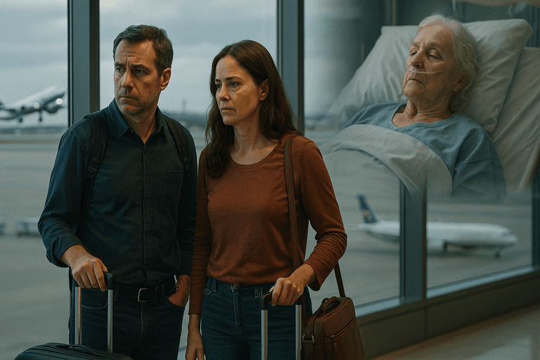 Couple at airport torn between trip and sick mother-in-law.