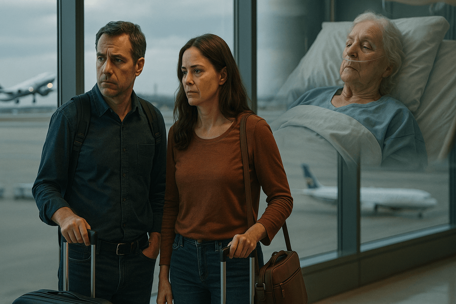 Couple at airport torn between trip and sick mother-in-law.