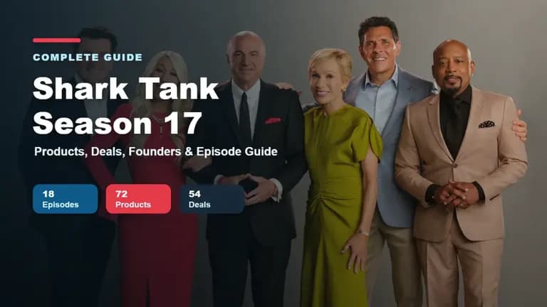 Shark Tank USA Season 17 Sharks featured image with text overlay for products, deals, founders and episode guide.