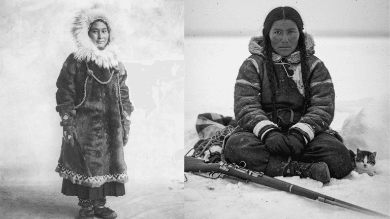 Ada Blackjack, the Iñupiat woman known as the female Robinson Crusoe, dressed in Arctic furs and photographed during her survival on Wrangel Island.