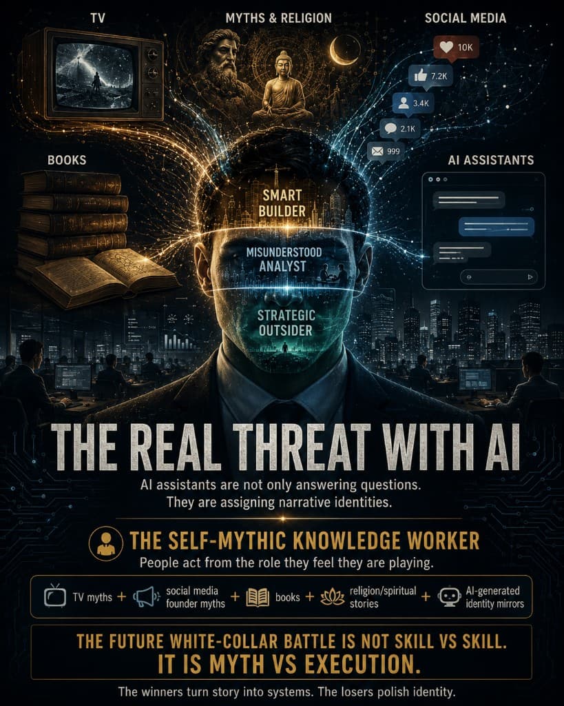 Split-face concept art titled "The Real Threat With AI" showing a knowledge worker labelled Smart Builder, Misunderstood Analyst and Strategic Outsider, fed by TV, myths, social media, books and AI assistants.
