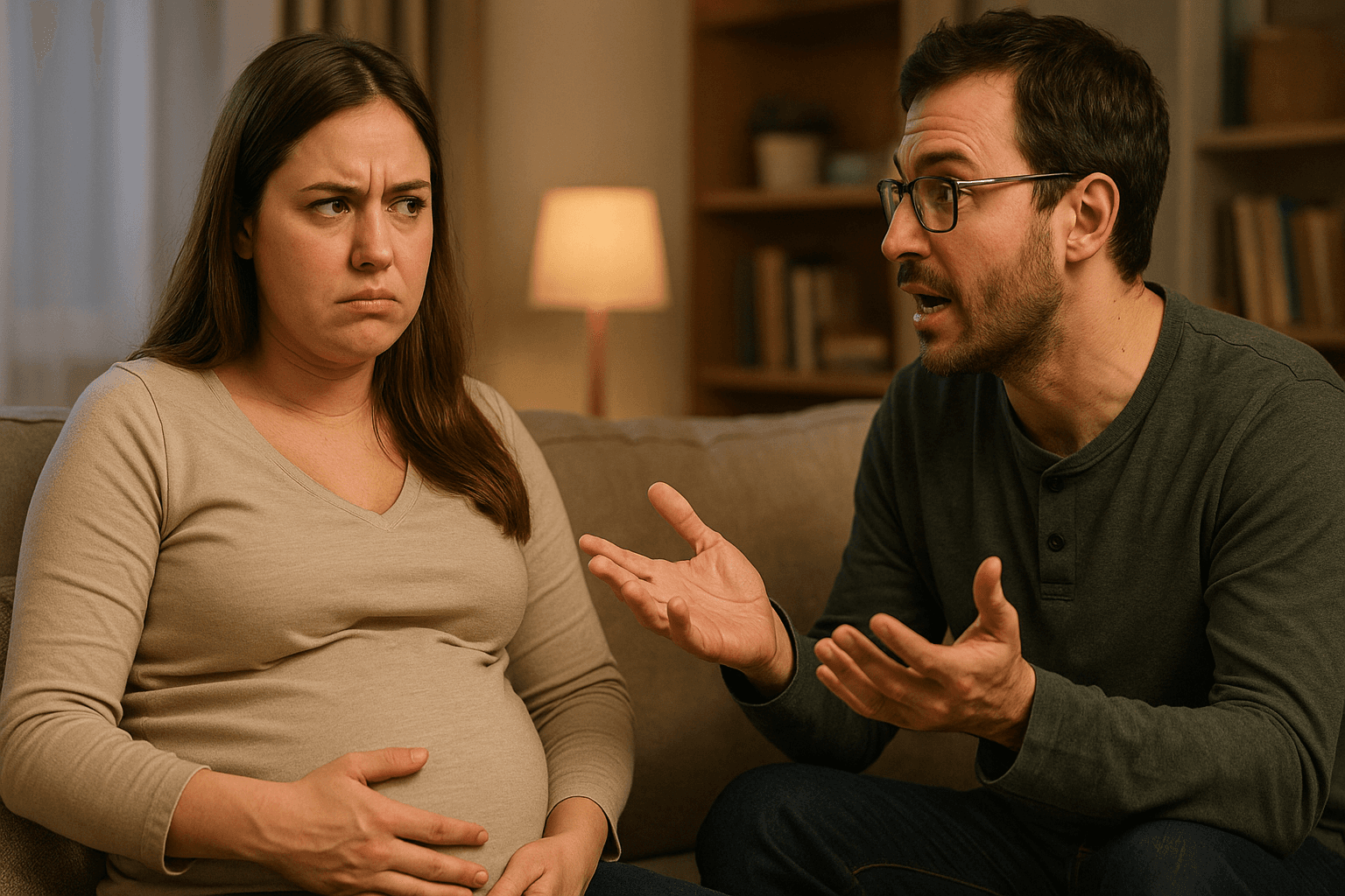 Pregnant woman looking annoyed while a man talks to her.