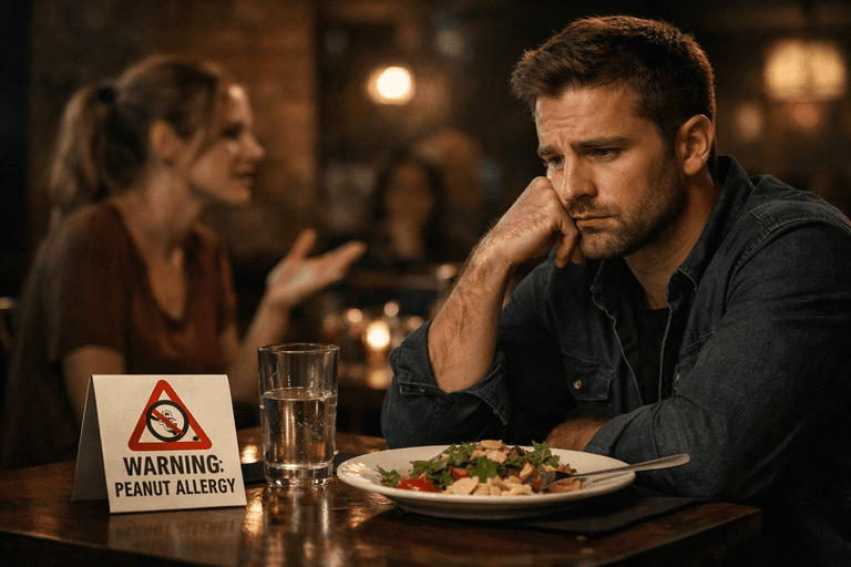 A man sitting alone at a restaurant table looking upset.