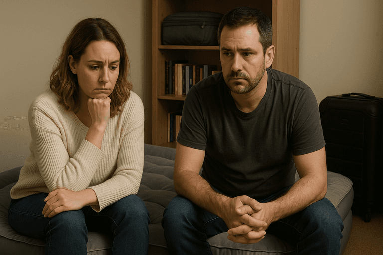 Couple sitting on an air mattress looking upset.