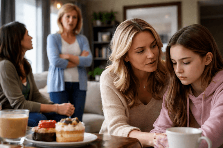 A woman comforts a sad teenage girl while tense family members argue in the background.