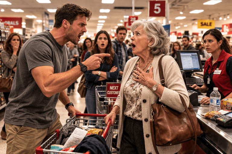 Angry man pointing and shouting at an elderly woman in a checkout line while shocked shoppers look on.