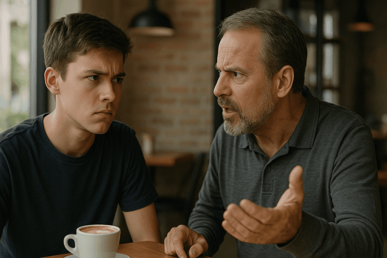 Father arguing with teenage son at café after a prank on vegan stepmom.