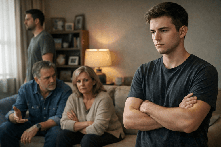Familial tension in a cozy living room
