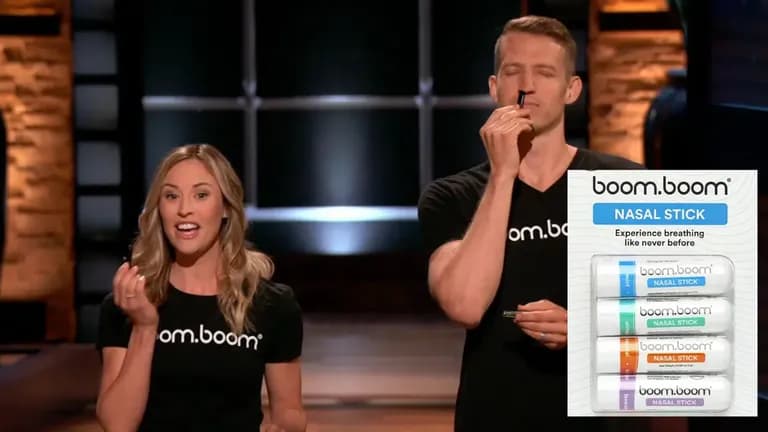 BoomBoom founders John and Chelsea Pinto holding their natural nasal inhaler products featured on Shark Tank Season 10.