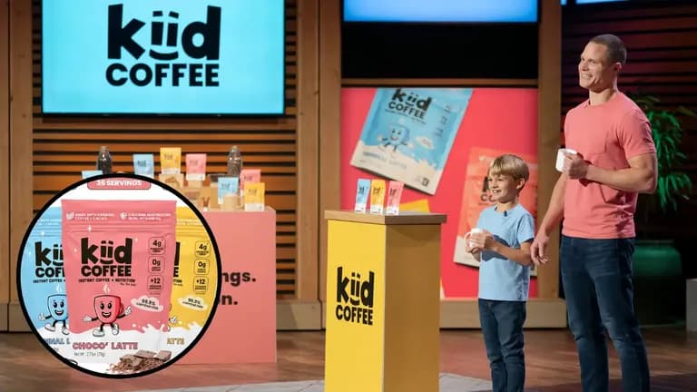 David and Ethan Sanborn pitching Kiid Coffee on Shark Tank with product display of caffeine-free kids’ latte