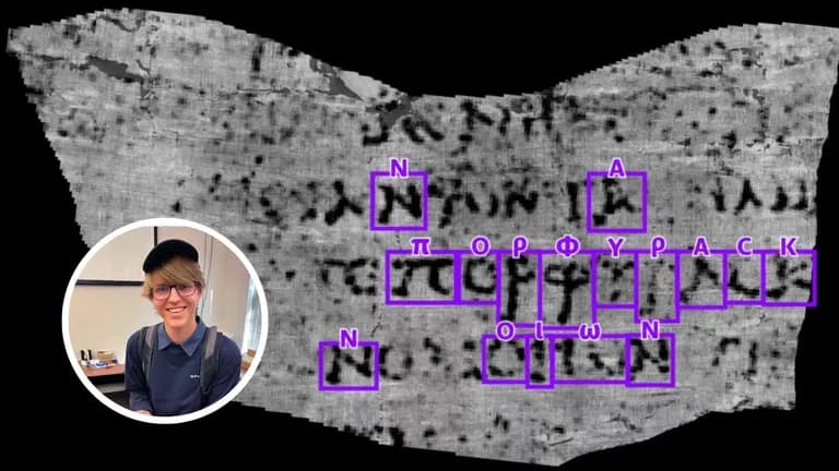 AI-generated view of ancient scroll text with the word "porphyras" highlighted, discovered by Luke Farritor using machine learning on a scroll buried in 79 C.E.