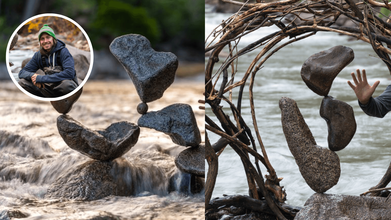 Michael Grab also known as Gravity Glue balancing impossible rock sculptures by a river without glue or supports
