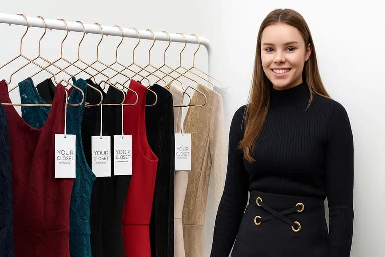 Founder of Your Closet standing beside a designer dress rack featured on Shark Tank Australia