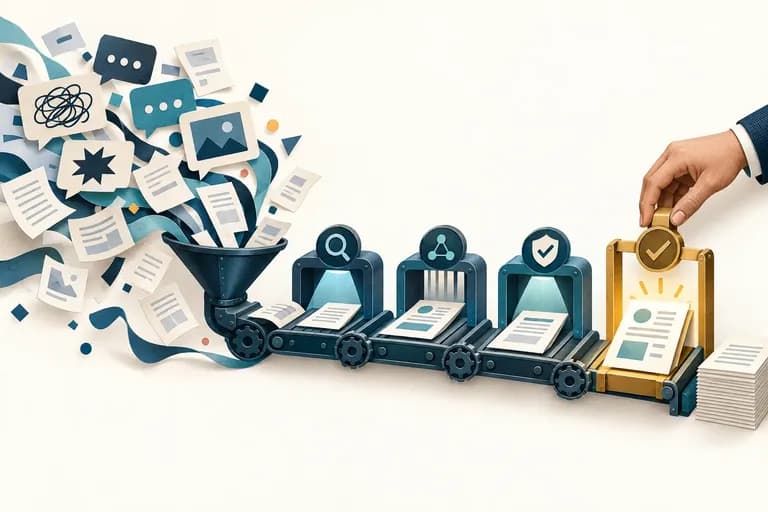 Conceptual illustration of scattered online chatter and documents becoming an orderly workflow, with a human controlling the final approval gate.