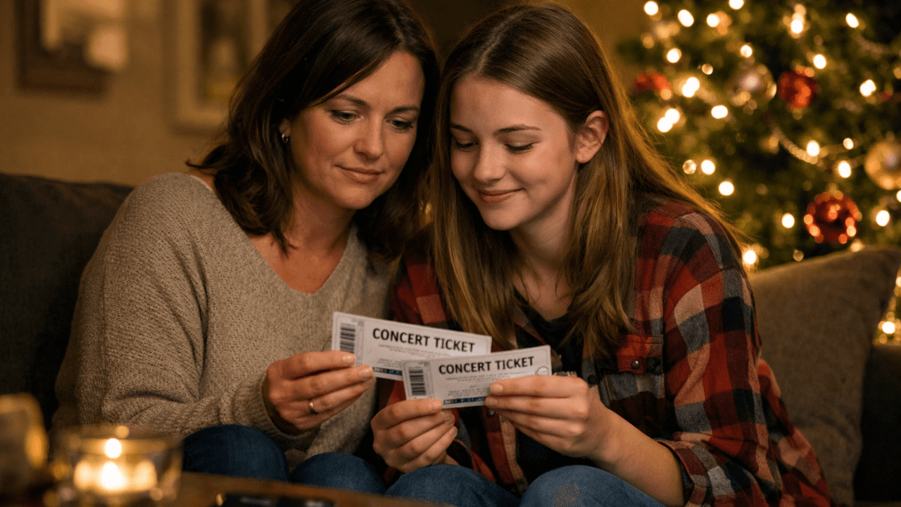 Mother and daughter holding concert tickets together during Christmas at home
