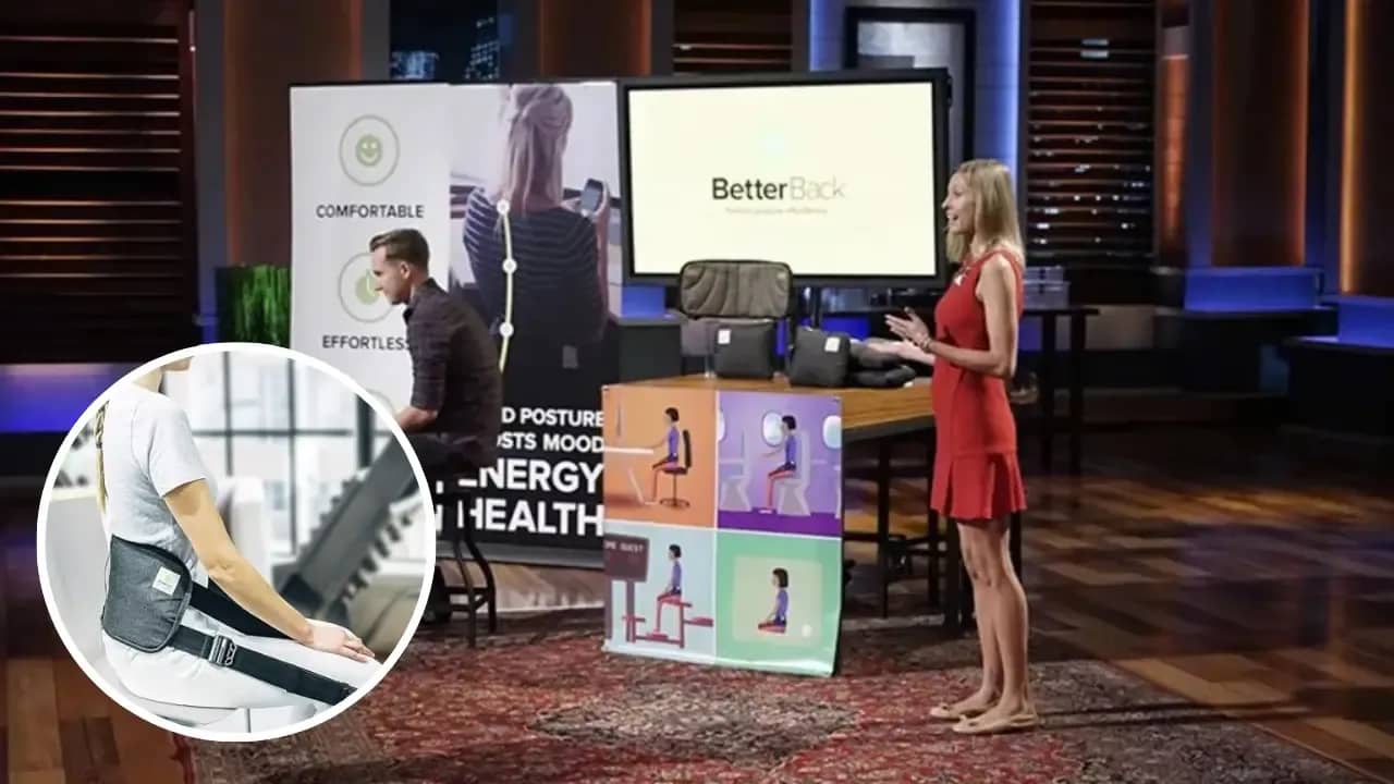 Woman using BetterBack posture corrector strap while sitting on a chair in a modern office.
