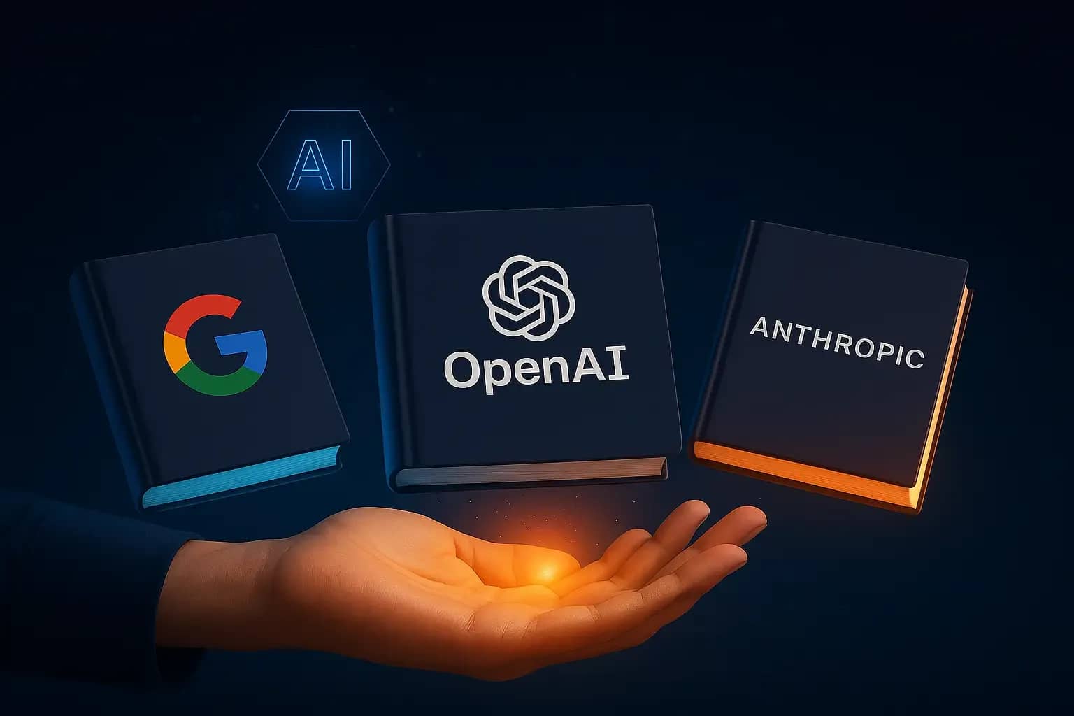 Hand holding glowing books labeled Google, OpenAI, and Anthropic with futuristic AI background, representing free AI guides.