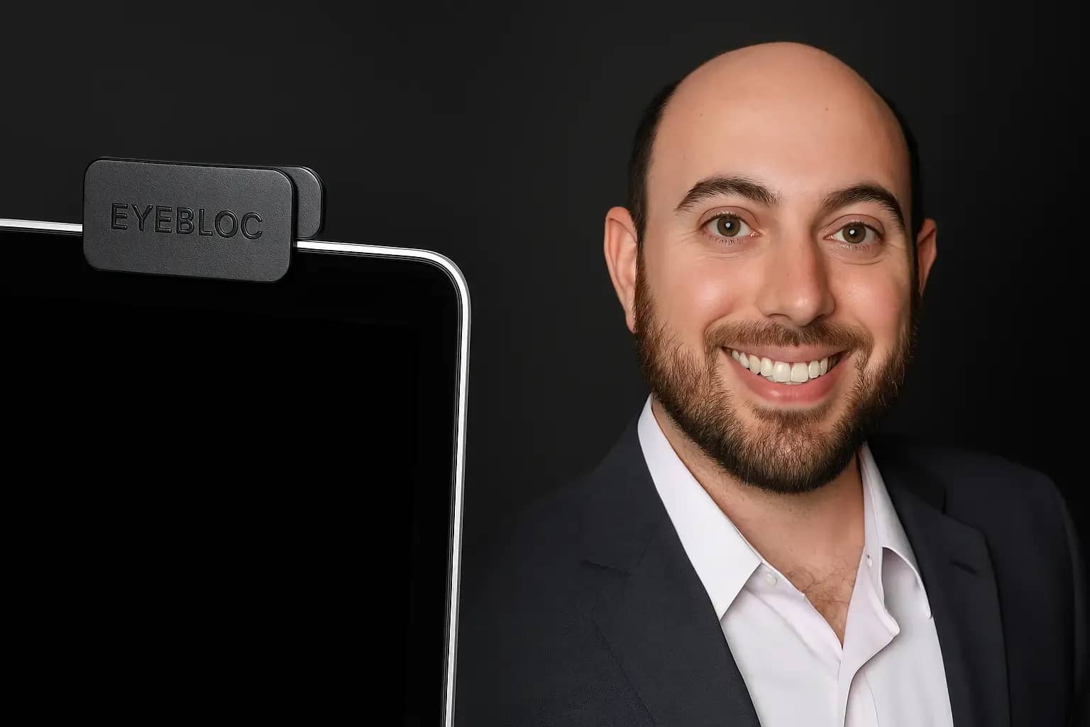 C.J. Isakow, founder of Eyebloc, beside a laptop showing the Eyebloc webcam cover in a professional product shot