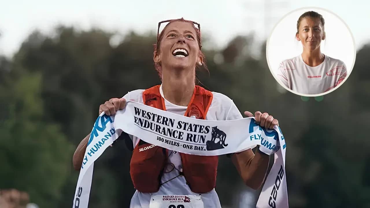 Courtney Dauwalter smiles while holding a Western States Endurance Run finish-line banner, with a portrait inset at the upper right
