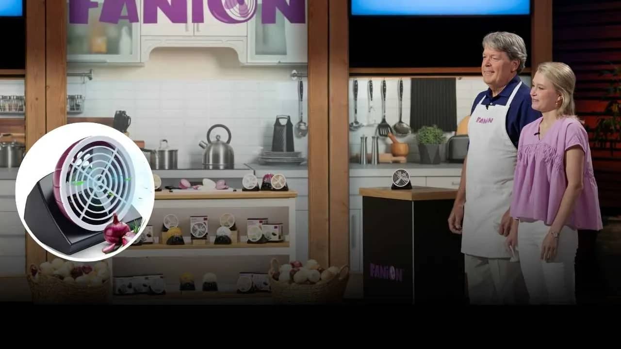 Fanion founders pitch tear-free onion cutting fan on Shark Tank with kitchen display setup