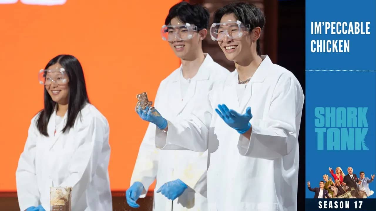 Im’peccable Chicken founder Melina Chang with pitch team members Nick Hsu and Riley Yen on Shark Tank