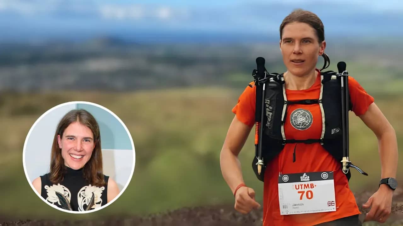 Jasmin Paris running in an orange shirt and hydration vest, with an inset portrait against a blurred mountain landscape.