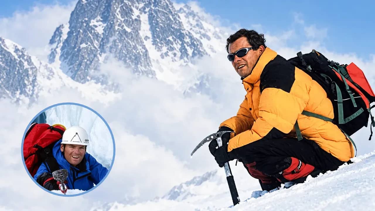 Composite image of mountaineer Joe Simpson in orange climbing gear on a snowy mountain, with an inset showing him climbing ice