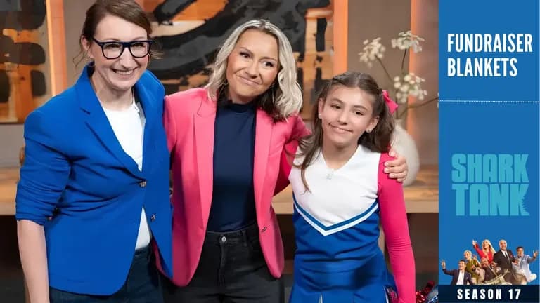 Barbara Kent and Joanna Serra with a young cheerleader during the Fundraiser Blankets Shark Tank pitch.
