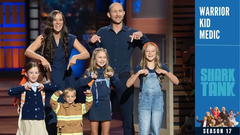 Warrior Kid Medic Company founder Dustin Titzman his wife and their children's in shark tank pitch