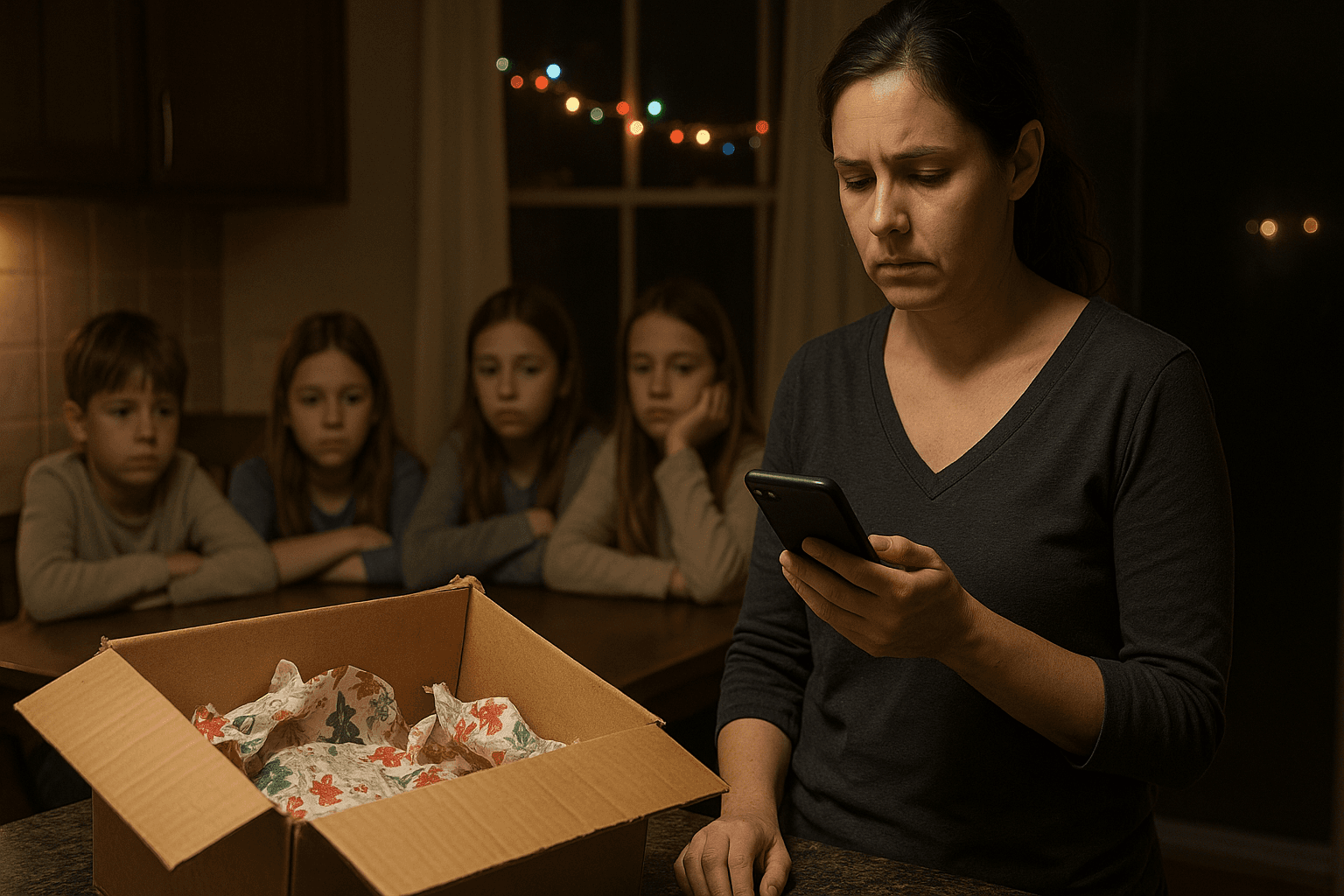 Disappointed mother holding a phone beside an empty Christmas cookie box while her kids look on.