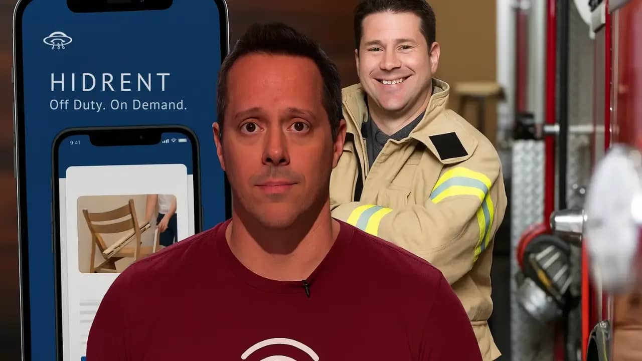 Hidrent founder with firefighter showcasing the app on Shark Tank, symbolizing the brand’s $8.5M net worth in 2025