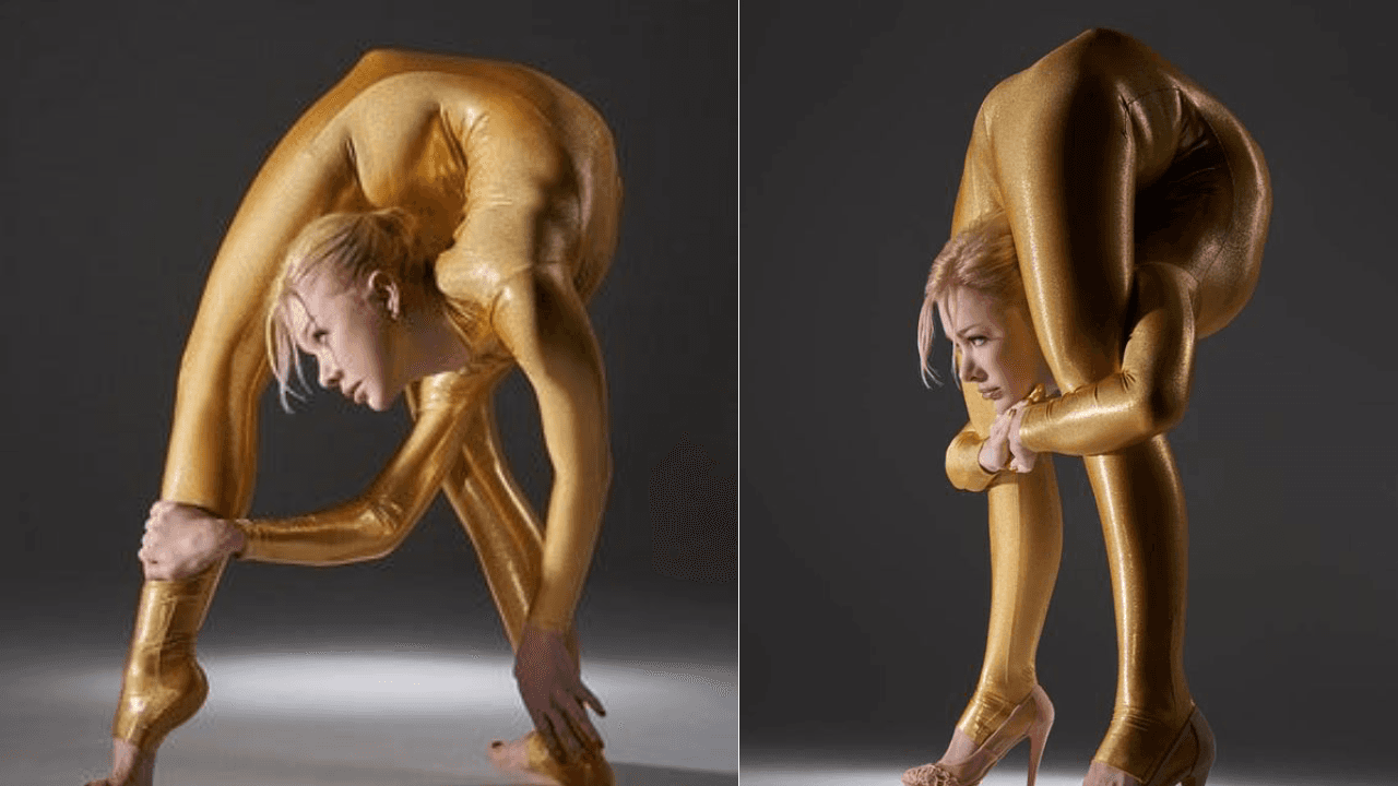 Julia Günthel, known as the Human Slinky, performing an extreme contortion pose in a gold bodysuit