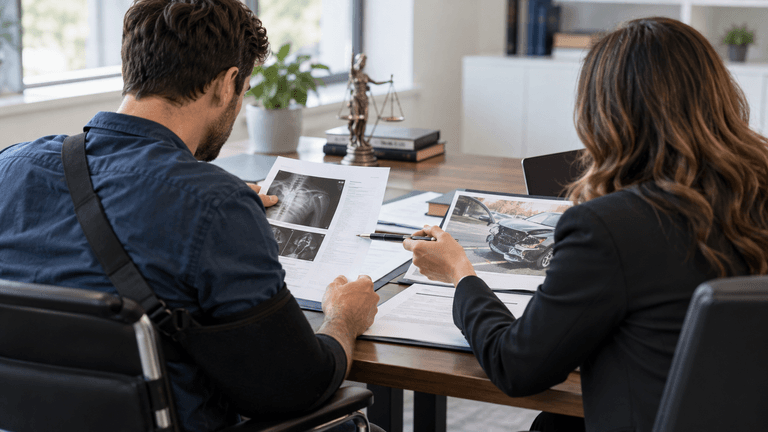 Personal injury claimant reviewing medical and accident records with legal counsel