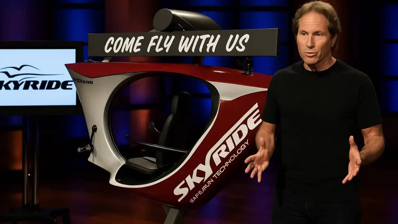 Scott Olson presenting the SkyRide bike concept during his Shark Tank Season 3 pitch, showcasing the suspended rail fitness technology.