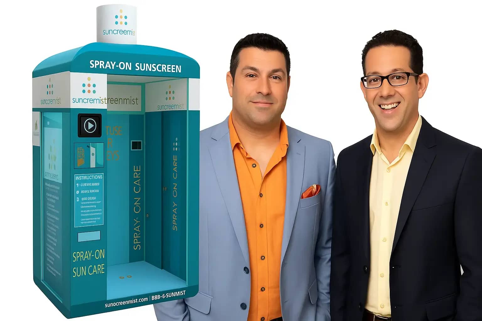 Founders of Sunscreen Mist standing beside their spray-on sunscreen booth from Shark Tank