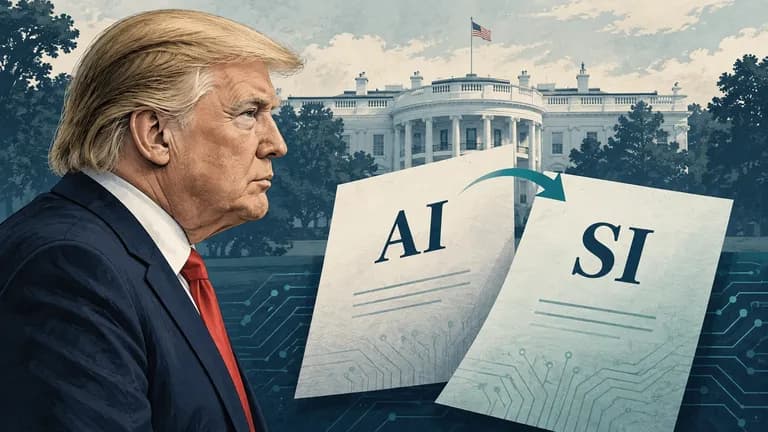 Editorial illustration of Donald Trump beside AI and SI labels with the White House in the background